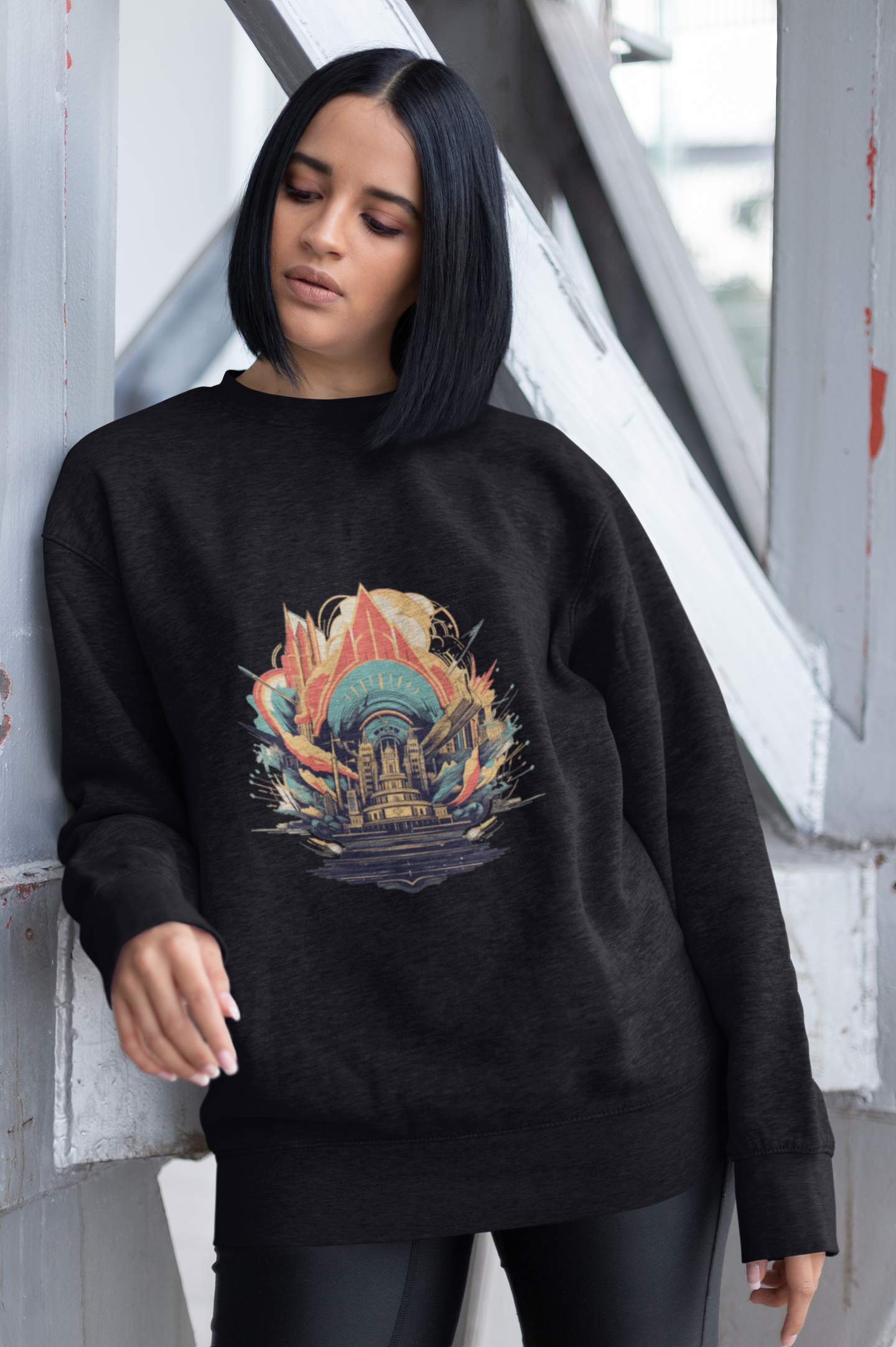 Unisex Ancient Phonograph Black Graphic Printed Oversized Sweatshirt