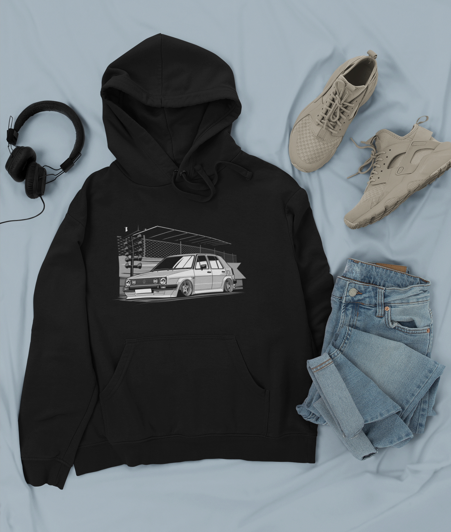 Unisex Retro Car Black Graphic Printed Oversized Hoodie